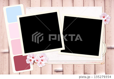 Horizontal background with two retro photo frame and sakura flower on bamboo texture. Moodboard pictures album for scrapbooking. Vintage style spring mood board layout way to express creativity Horizontal background with two retro photo frame and sakura flower on bamboo texture. Moodboard pictures album for scrapbooking. Vintage style spring mood board layout way to express creativity 135279354