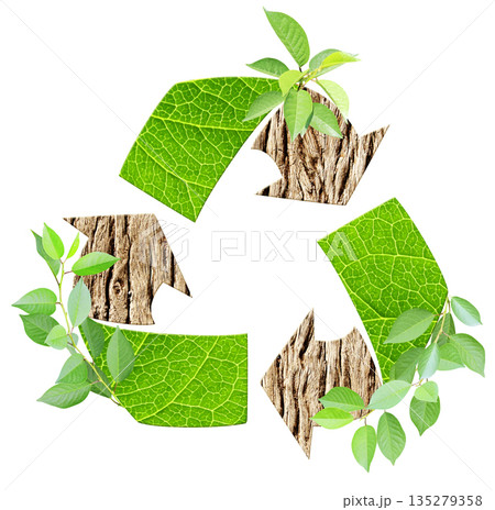 Arrows recycle symbol with bark and green leaf. Reuse, renewable resources. Eco-friendly, Ecology, go green, Green Energy, environmental, zero waste, responsible consumption concept Arrows recycle symbol with bark and green leaf. Reuse, renewable resources. Eco-friendly, Ecology, go green, Green Energy, environmental, zero waste, responsible consumption concept 135279358