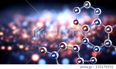 Vertical or horizontal banner with model of abstract molecular structure. Background of blue color with glass atom model. Copy space for your text. 3d render Vertical or horizontal banner with model of abstract molecular structure. Background of blue color with glass atom model. Copy space for your text. 3d render 135279359