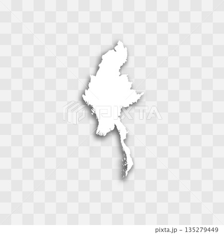 Myanmar high detailed vector representation of country silhouette. White color on transparent background with dropped shadow. For educational, decorative, or informational use. 135279449