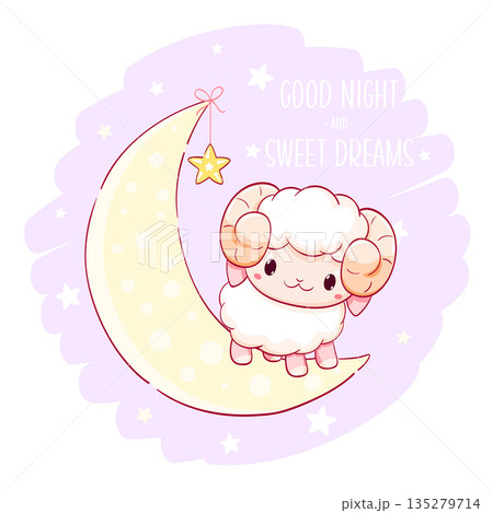 Cute baby lamb on moon. Inscription Good night and sweet dreams. Cartoon little sheep on crescent. Can be used for for childish t-shirt prints, nursery poster, baby shower greeting card. Vector EPS8 Cute baby lamb on moon. Inscription Good night and sweet dreams. Cartoon little sheep on crescent. Can be used for for childish t-shirt prints, nursery poster, baby shower greeting card. Vector EPS8 135279714