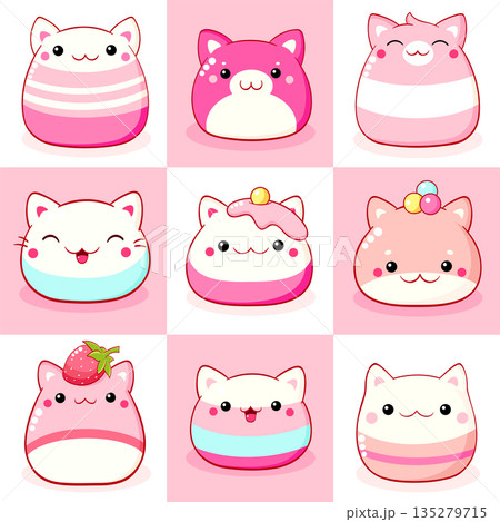 Set of traditional Chinese animal-shaped mantou buns. Collection of cute cat-shaped asian dessert in kawaii style. Can be used for t-shirt print, sticker, greeting card. Vector illustration EPS8 Set of traditional Chinese animal-shaped mantou buns. Collection of cute cat-shaped asian dessert in kawaii style. Can be used for t-shirt print, sticker, greeting card. Vector illustration EPS8 135279715