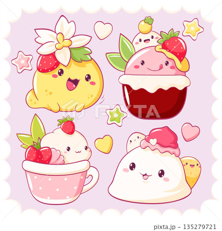 Set of stickers with cute dessert in kawaii style. Cake, jelly, muffin, cupcake with whipped cream and strawberry. Can be used for t-shirt print, sticker, greeting card. Vector illustration EPS8 Set of stickers with cute dessert in kawaii style. Cake, jelly, muffin, cupcake with whipped cream and strawberry. Can be used for t-shirt print, sticker, greeting card. Vector illustration EPS8 135279721