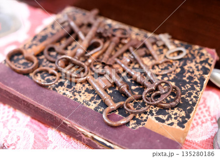 Antique flea market in Europe, Italy. Vintage items. Set of rusty iron keys on book in town. Retro items for background decoration. Antique flea market in Europe, Italy. Vintage items. Set of rusty iron keys on book in town. Retro items for background decoration. 135280186