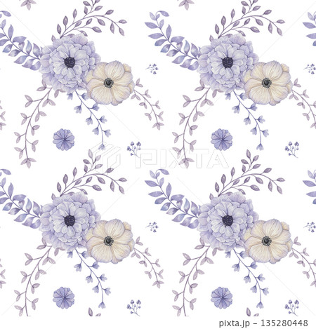 Watercolor seamless pattern with charming purple flower 135280448