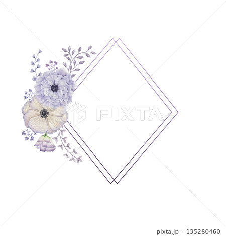 Floral frame, purple flowers decor greeting, hand-drawn watercolor frame Floral frame, purple flowers decor greeting, hand-drawn watercolor frame 135280460