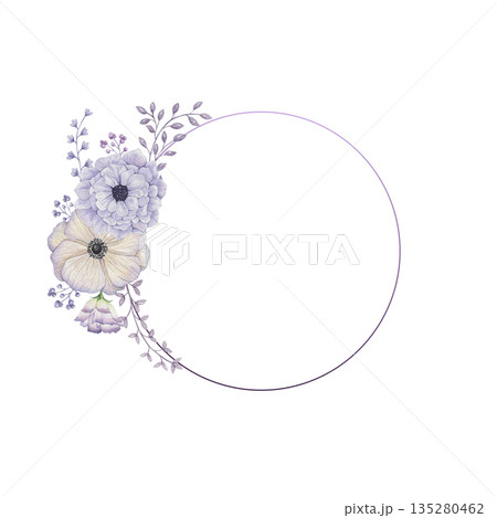 Floral frame, purple flowers decor greeting, hand-drawn watercolor frame 135280462
