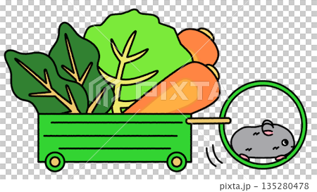 一幅滑稽的插圖，描繪了一隻倉鼠拉著一輛裝滿蔬菜的輪式小車。 135280478