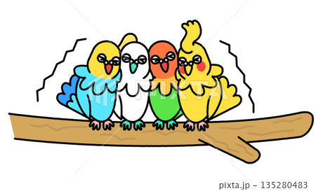 枝の上で揺れて驚く4羽のインコのコミカルなイラスト 枝の上で揺れて驚く4羽のインコのコミカルなイラスト 135280483