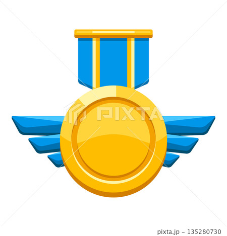 Gold medal with ribbon and wings. Game award for the winners. Illustration of prize for sports competitions. Gold medal with ribbon and wings. Game award for the winners. Illustration of prize for sports competitions. 135280730