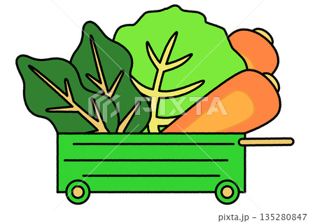 野菜をたっぷり積んだ緑色の台車のシンプルなイラスト 野菜をたっぷり積んだ緑色の台車のシンプルなイラスト 135280847
