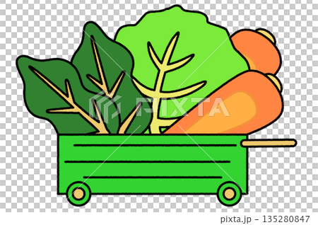 一輛裝滿蔬菜的綠色手推車的簡單插圖 135280847