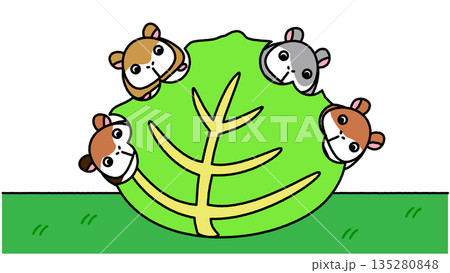 大きな葉っぱのまわりを囲むハムスターたちのかわいいイラスト 135280848
