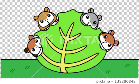 一幅可愛的插圖，描繪了一群倉鼠圍著一片大葉子。 135280848