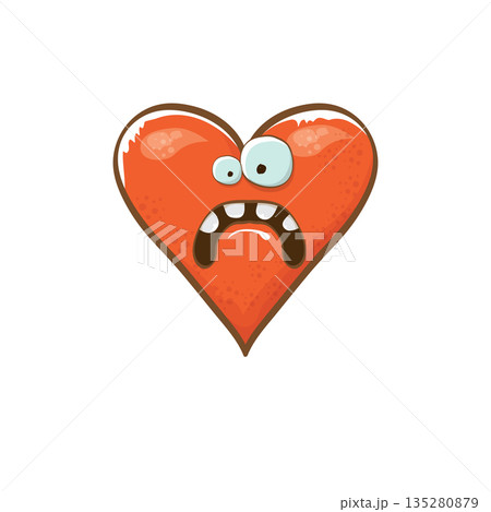 Vector cartoon heart character. Valentines day hand drawn greeting card with funny cartoon heart character isolated on white background. Conceptual valentines day comic funky kids poster or banner 135280879