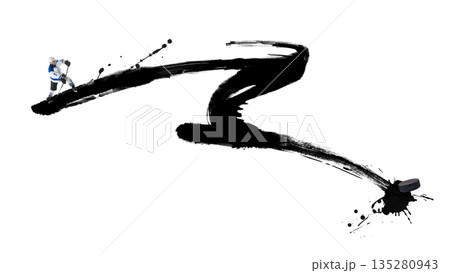 Conceptual poster hockey player striking puck with powerful skating motion. 135280943