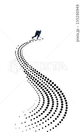 Dynamic composition hockey player carving curved halftone path on white background 135280949