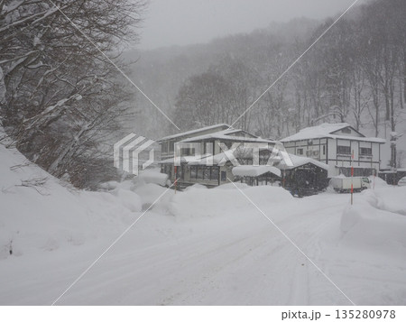 降雪で視界がかすむ豪雪地帯の雪道 寒波の厳しい冬景色 降雪で視界がかすむ豪雪地帯の雪道 寒波の厳しい冬景色 135280978