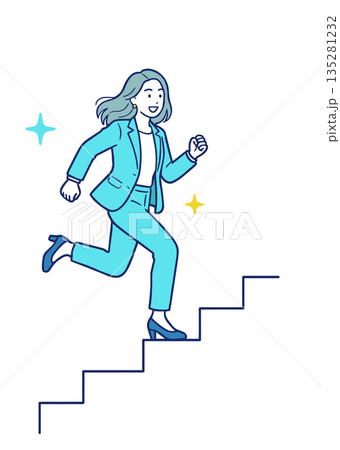 成長の階段を軽やかに駆け上がるビジネスウーマンのイラスト｜前進・キャリアアップのコンセプト 135281232