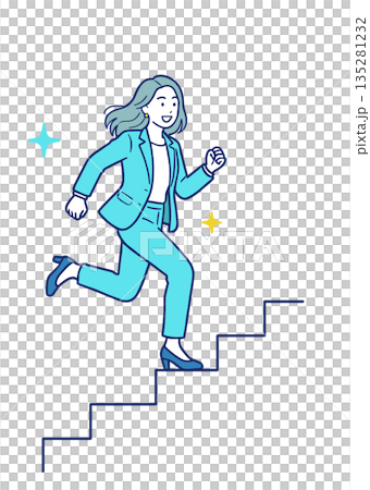 成長の階段を軽やかに駆け上がるビジネスウーマンのイラスト｜前進・キャリアアップのコンセプト 135281232