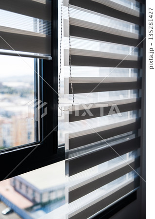 Vertical view of zebra window blinds with chain control showing layered fabric, light diffusion and modern home interior design 135281427