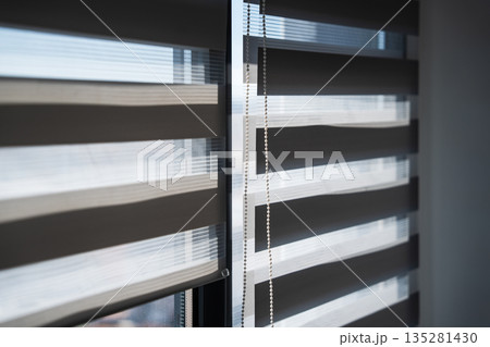 View of Zebra Window Blinds With Soft Light and Shadow Forming Modern Interior Pattern and Background 135281430