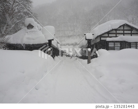 吹雪で視界がかすむ豪雪地帯の山村　雪に埋もれた伝統的な日本家屋 135281443