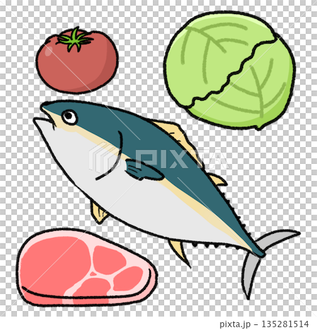 Simple illustration of meat, fish and vegetables Simple illustration of meat, fish and vegetables 135281514