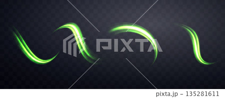 Glowing green lines set. Neon realistic energy speed. Abstract light effect on a dark transparent background. Vector illustration. Glowing green lines set. Neon realistic energy speed. Abstract light effect on a dark transparent background. Vector illustration. 135281611