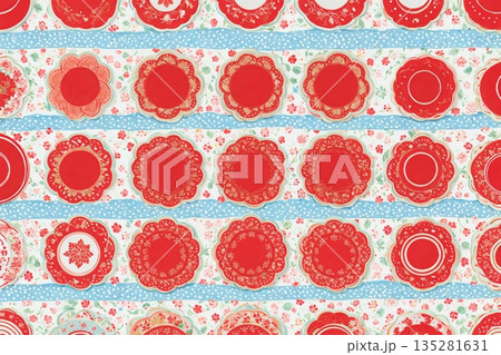 レトロな花型ドイリー柄・赤と水色のボーダーストライプ背景素材 135281631
