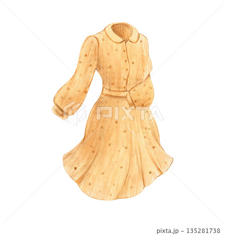 Female dress in retro vintage style, beige yellow colors. Hand drawn with colored pencils isolated illustration. For fashion magazines and designs, clothes shops, street and charity markets, clip art. 135281738