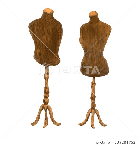 Female and male mannequins torsos on wooden stands, retro vintage style. Hand drawn with colored pencils set. For fashion magazines and designs, clothes shops, street and charity markets, clip art. Female and male mannequins torsos on wooden stands, retro vintage style. Hand drawn with colored pencils set. For fashion magazines and designs, clothes shops, street and charity markets, clip art. 135281752