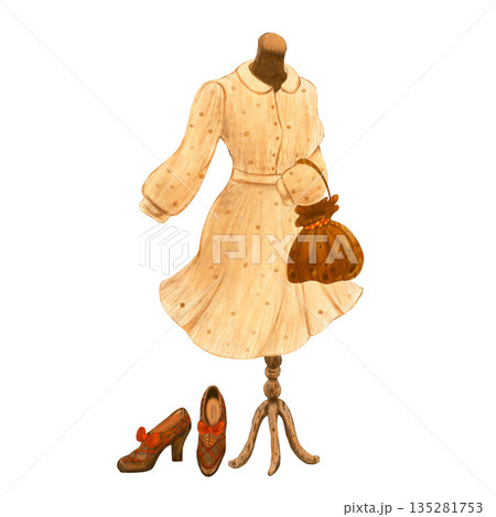 Dress on mannequin, women's shoes and bag in retro vintage style. Hand drawn with colored pencils illustration. For fashion magazines and designs, clothes shops, street and charity markets, clip art. Dress on mannequin, women's shoes and bag in retro vintage style. Hand drawn with colored pencils illustration. For fashion magazines and designs, clothes shops, street and charity markets, clip art. 135281753