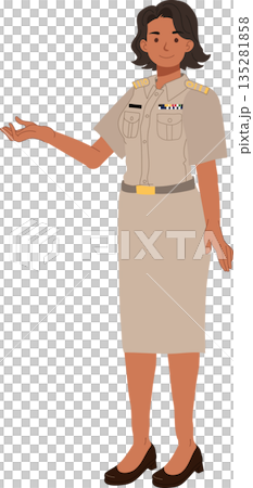 professional female government employee standing in formal uniform with presentation gesture professional female government employee standing in formal uniform with presentation gesture 135281858