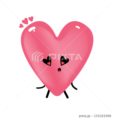 Vector cartoon heart character with love eyes. Valentines day hand drawn funny and cute heart emoji character isolated on white background. Conceptual valentines day comic funky kids sticker 135281998