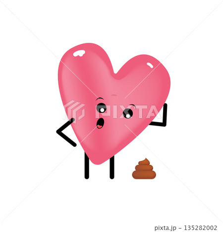 Vector cartoon heart character with poo. Valentines day hand drawn funny and cute heart emoji character isolated on white background. Conceptual valentines day comic funky kids sticker 135282002