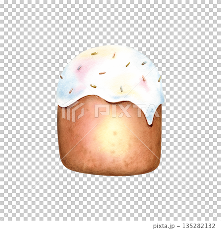 Easter cake. Traditional Happy Easter dessert with white icing and sprinkles. Spring holiday bakery. Watercolor illustration and hand drawn colored pencils elements. Clip art isolated from background 135282132