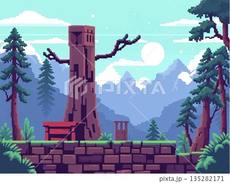 Enchanted Forest with Tower and Mountains in Pixel Art Style Enchanted Forest with Tower and Mountains in Pixel Art Style 135282171