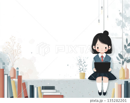 美優シリーズ：制服姿でタブレット学習する中高生の読書イラスト｜現代的な学びの時間 135282201