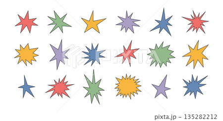 Irregular star shape icons set. Abstract starburst symbol. Color comic burst sticker. Graphic design collage element. Spiky cartoon figure. Vector illustration isolated on white background 135282212