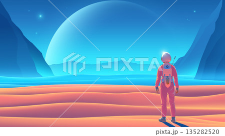 Colorful space background with an astronaut standing on an alien planet 135282520