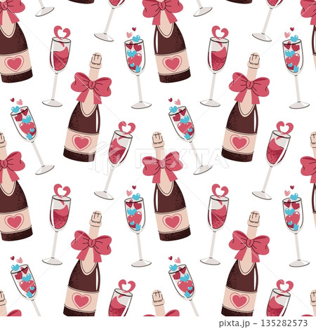 Seamless Pattern With Champagne Bottle, Flutes And Hearts In Flat Style. Celebratory Valentine's Day Texture For Fabric, Background, Packaging, Wallpaper And Surface Design. Bubbly Romance Concept. Seamless Pattern With Champagne Bottle, Flutes And Hearts In Flat Style. Celebratory Valentine's Day Texture For Fabric, Background, Packaging, Wallpaper And Surface Design. Bubbly Romance Concept. 135282573
