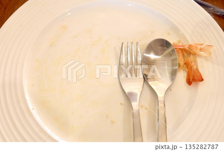 White Empty Plate with Spoon Fork After Delicious Meal White Empty Plate with Spoon Fork After Delicious Meal 135282787