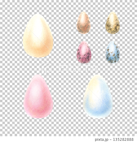 Easter egg watercolor set. Chicken and quail eggs in pastel delicate color. Yellow, pink, blue holiday food in shell. Hand drawn illustration with colored pencils strokes isolated from background Easter egg watercolor set. Chicken and quail eggs in pastel delicate color. Yellow, pink, blue holiday food in shell. Hand drawn illustration with colored pencils strokes isolated from background 135282888