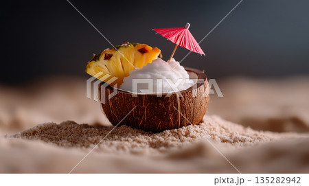 A tropical smoothie served inside a coconut shell, garnished with pineapple slices and a small umbrella	 135282942