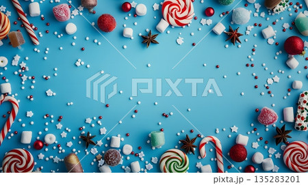 青い背景のクリスマススイーツのフレーム 135283201