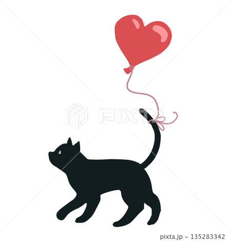 ハートの風船と黒猫のイラスト素材 135283342
