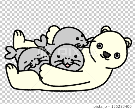 一幅溫馨的插圖，描繪了一隻北極熊抱著一隻海豹。 135283400