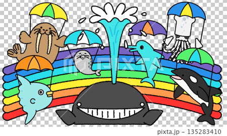 A lively summer illustration of marine life gathering at an aquarium A lively summer illustration of marine life gathering at an aquarium 135283410