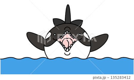 水面から顔を出して口を開けるシャチの迫力あるイラスト 135283412
